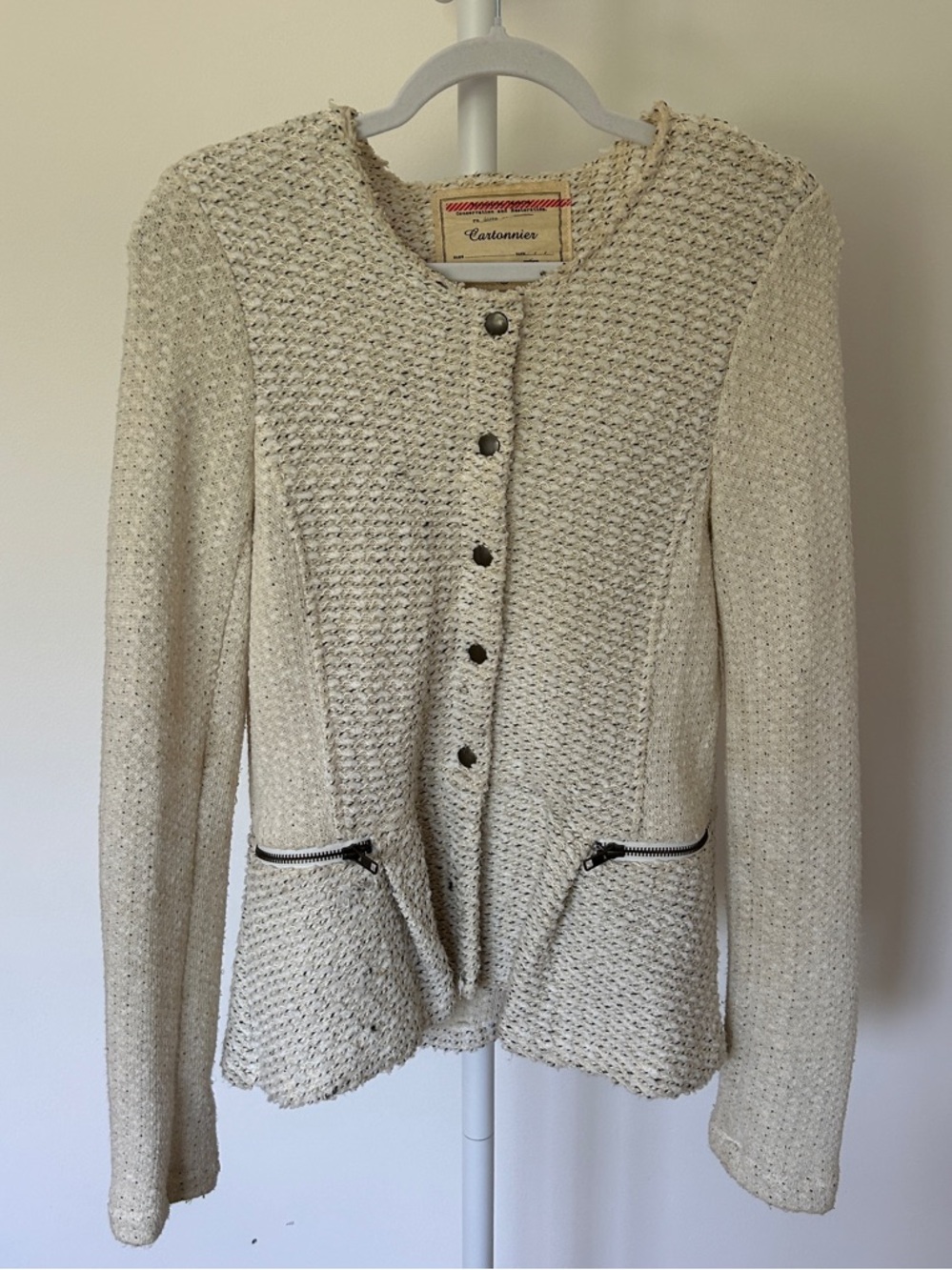 Cartonnier Cream Textured Knit Jacket with Zip Pockets